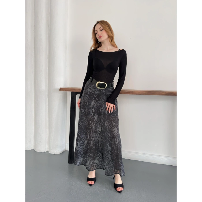 İçi Astarlı Desenli Kemer Detaylı Etek Siyah