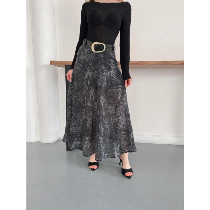 İçi Astarlı Desenli Kemer Detaylı Etek Siyah
