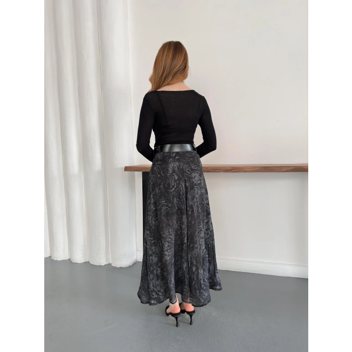 İçi Astarlı Desenli Kemer Detaylı Etek Siyah