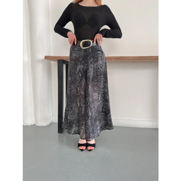 İçi Astarlı Desenli Kemer Detaylı Etek Siyah