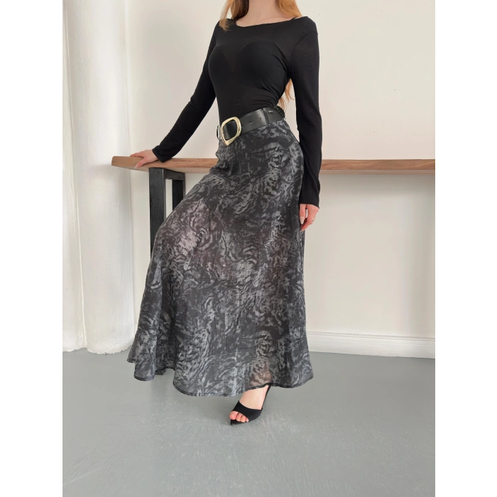İçi Astarlı Desenli Kemer Detaylı Etek Siyah