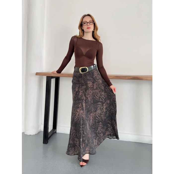 İçi Astarlı Desenli Kemer Detaylı Etek Kahve