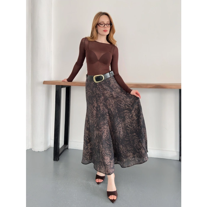 İçi Astarlı Desenli Kemer Detaylı Etek Kahve