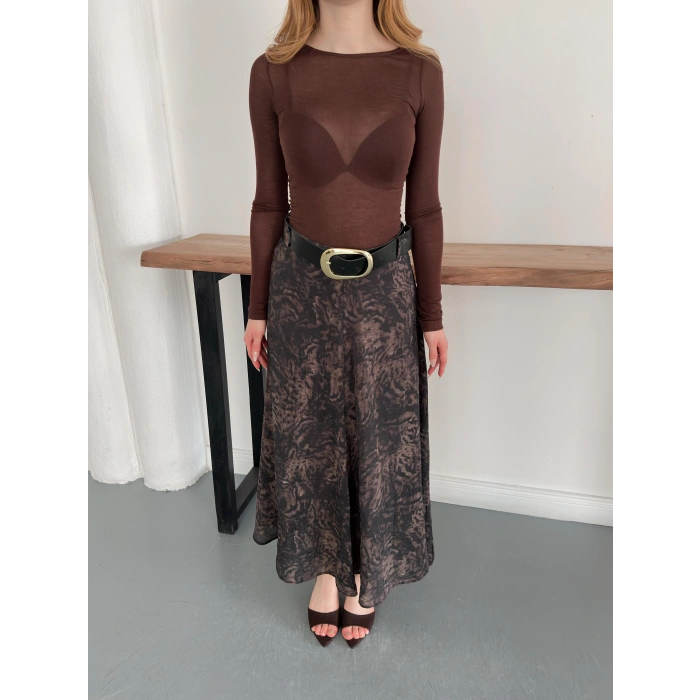 İçi Astarlı Desenli Kemer Detaylı Etek Kahve