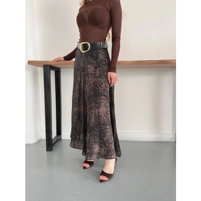 İçi Astarlı Desenli Kemer Detaylı Etek Kahve