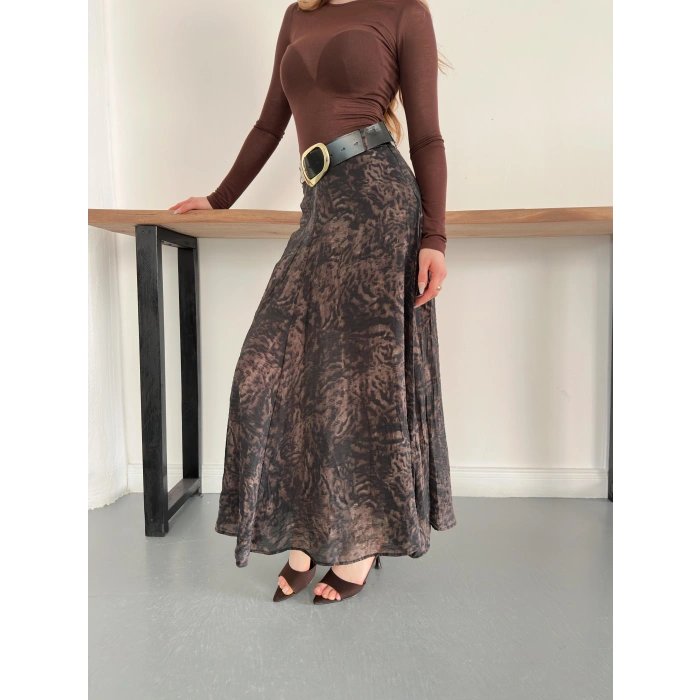 İçi Astarlı Desenli Kemer Detaylı Etek Kahve