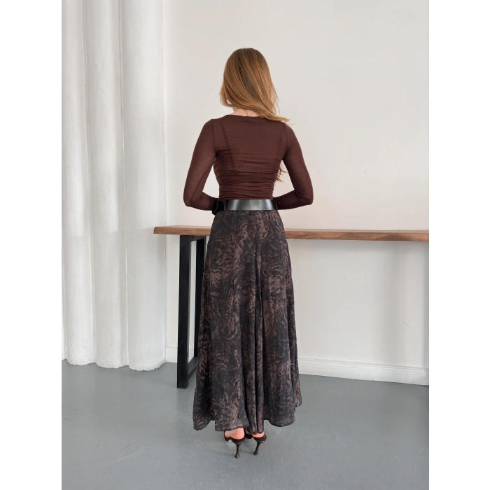 İçi Astarlı Desenli Kemer Detaylı Etek Kahve