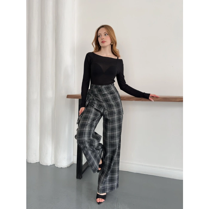 Ekose Yüksek Bel Fularlı Pantolon Siyah