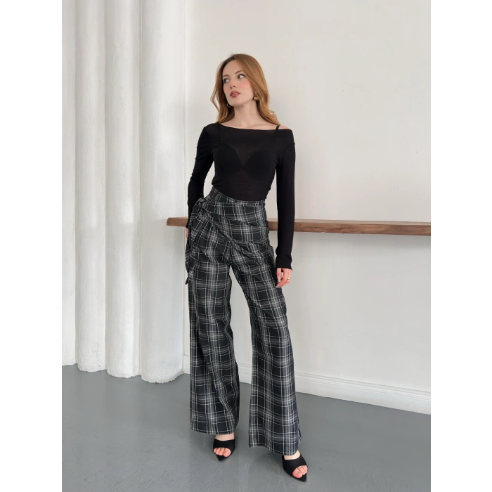 Ekose Yüksek Bel Fularlı Pantolon Siyah