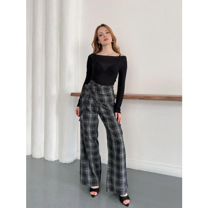 Ekose Yüksek Bel Fularlı Pantolon Siyah