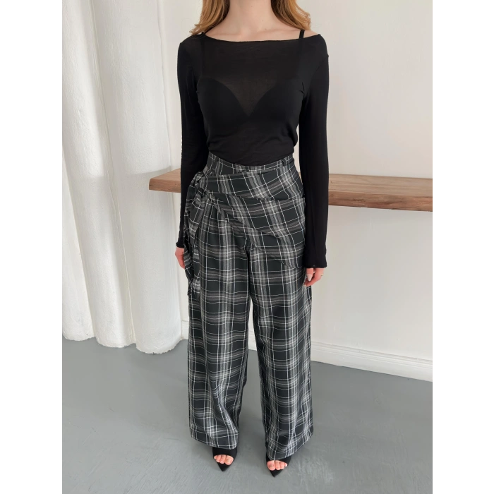 Ekose Yüksek Bel Fularlı Pantolon Siyah