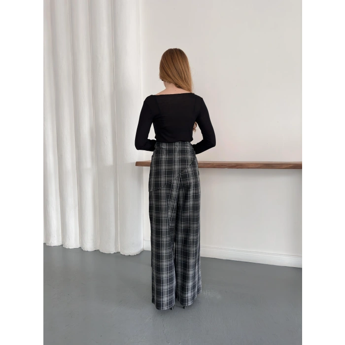 Ekose Yüksek Bel Fularlı Pantolon Siyah