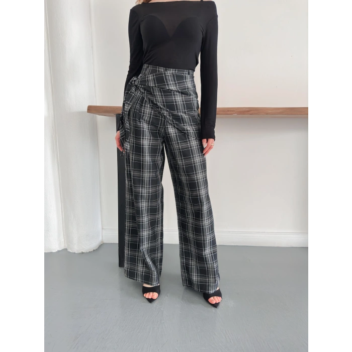 Ekose Yüksek Bel Fularlı Pantolon Siyah