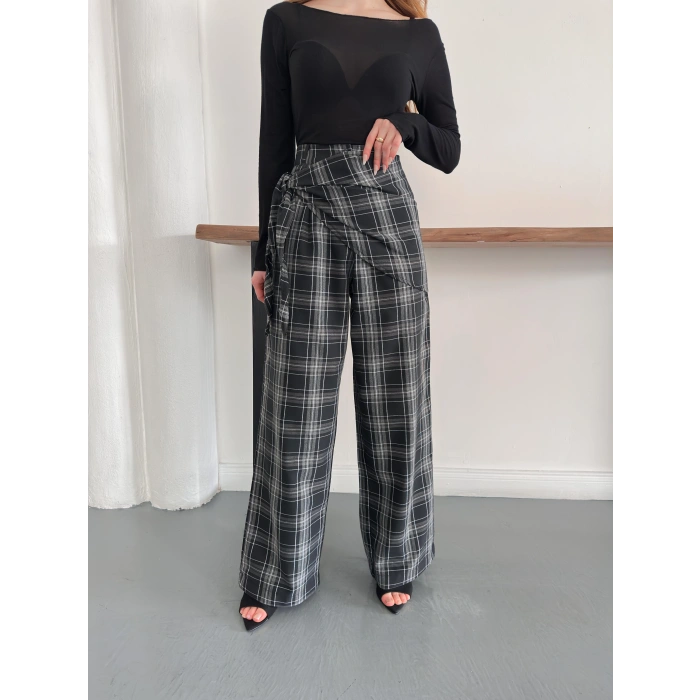 Ekose Yüksek Bel Fularlı Pantolon Siyah