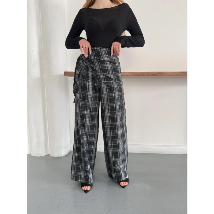 Ekose Yüksek Bel Fularlı Pantolon Siyah