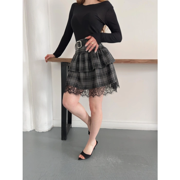 Ekose Dantel Detaylı Kemerli Etek Siyah