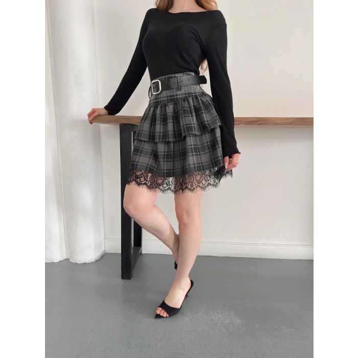 Ekose Dantel Detaylı Kemerli Etek Siyah