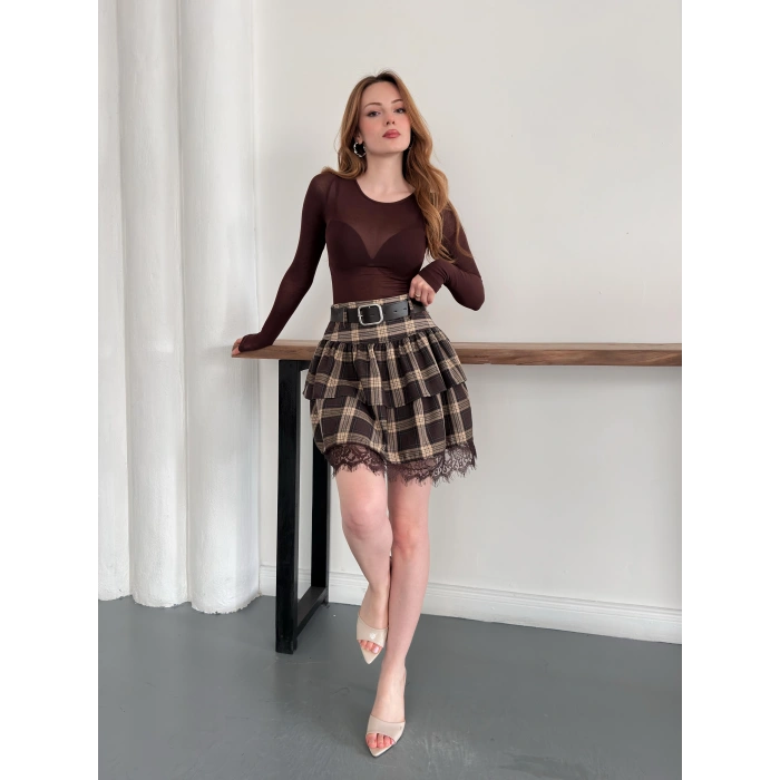 Ekose Dantel Detaylı Kemerli Etek Kahve