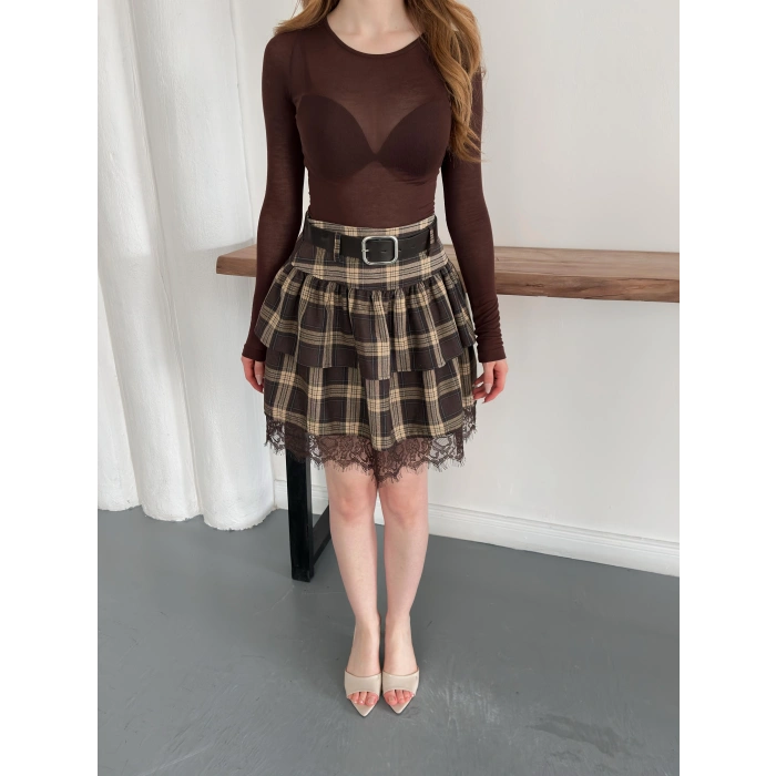 Ekose Dantel Detaylı Kemerli Etek Kahve
