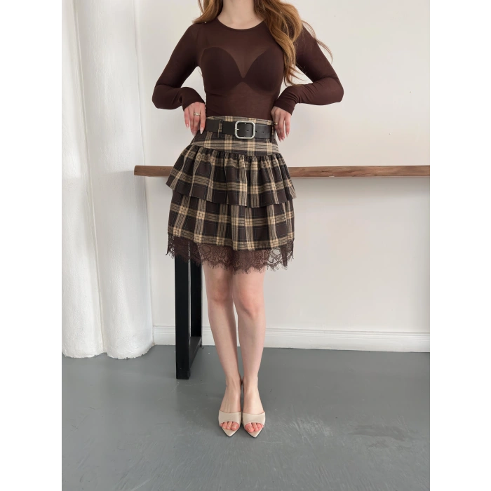 Ekose Dantel Detaylı Kemerli Etek Kahve