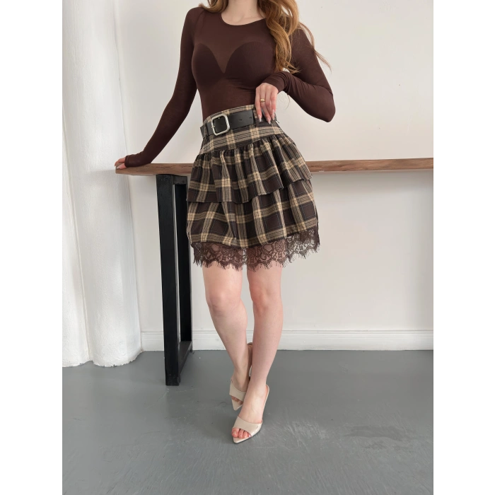 Ekose Dantel Detaylı Kemerli Etek Kahve