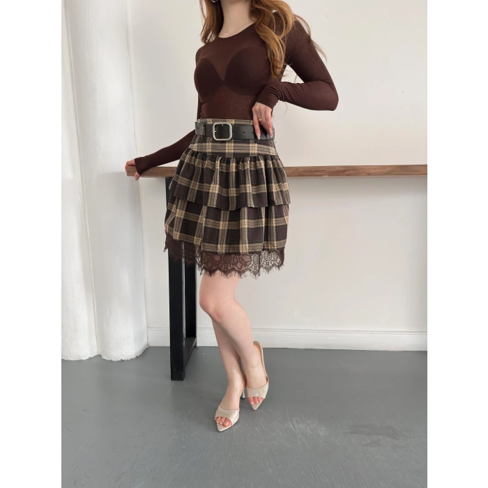 Ekose Dantel Detaylı Kemerli Etek Kahve