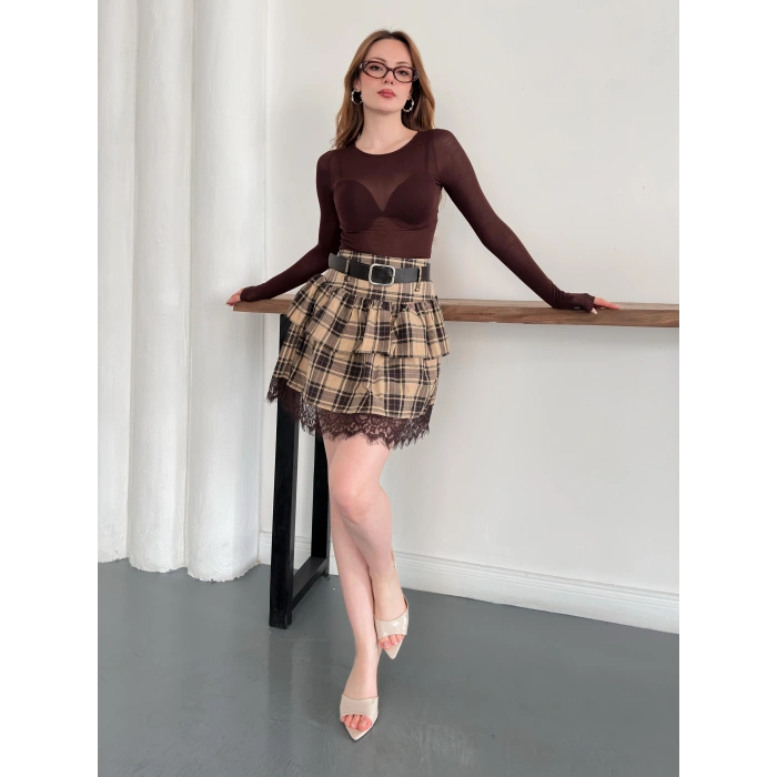 Ekose Dantel Detaylı Kemerli Etek Bej