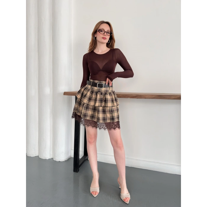 Ekose Dantel Detaylı Kemerli Etek Bej