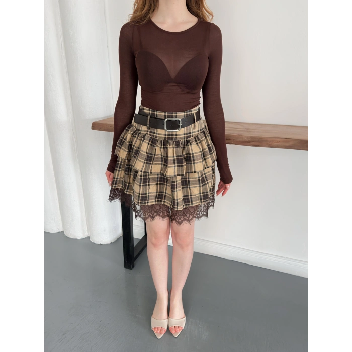 Ekose Dantel Detaylı Kemerli Etek Bej