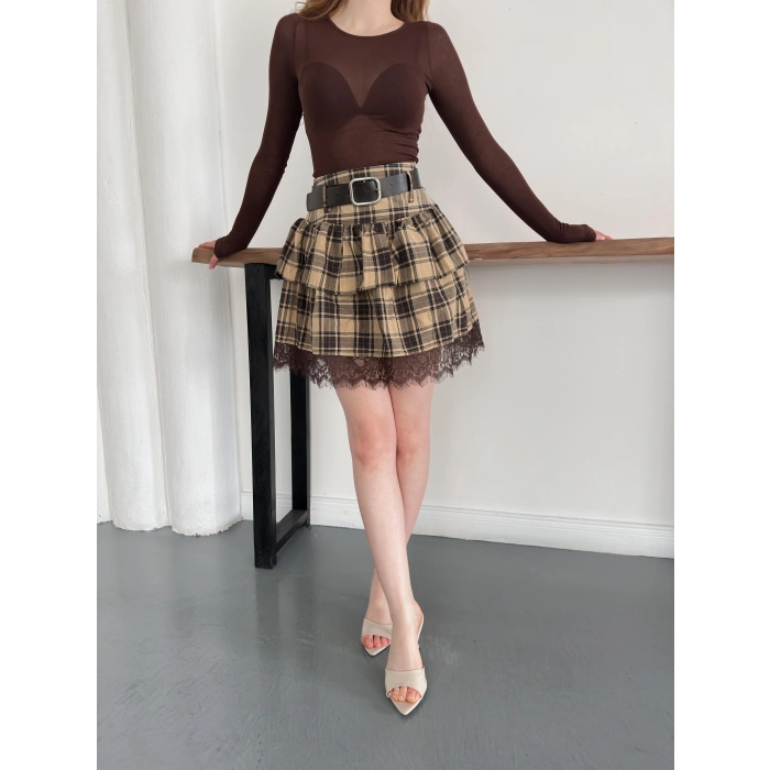 Ekose Dantel Detaylı Kemerli Etek Bej