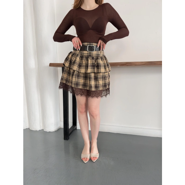 Ekose Dantel Detaylı Kemerli Etek Bej