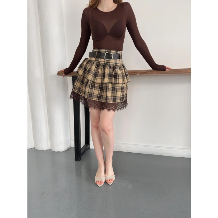 Ekose Dantel Detaylı Kemerli Etek Bej