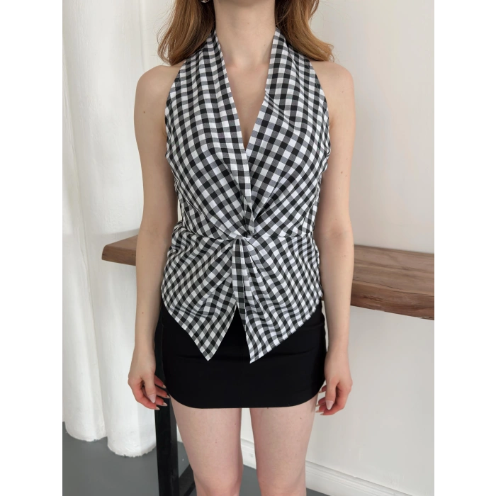 Kazayağı Desenli Sıfır Kol Bluz Siyah