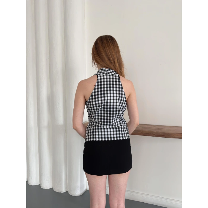 Kazayağı Desenli Sıfır Kol Bluz Siyah