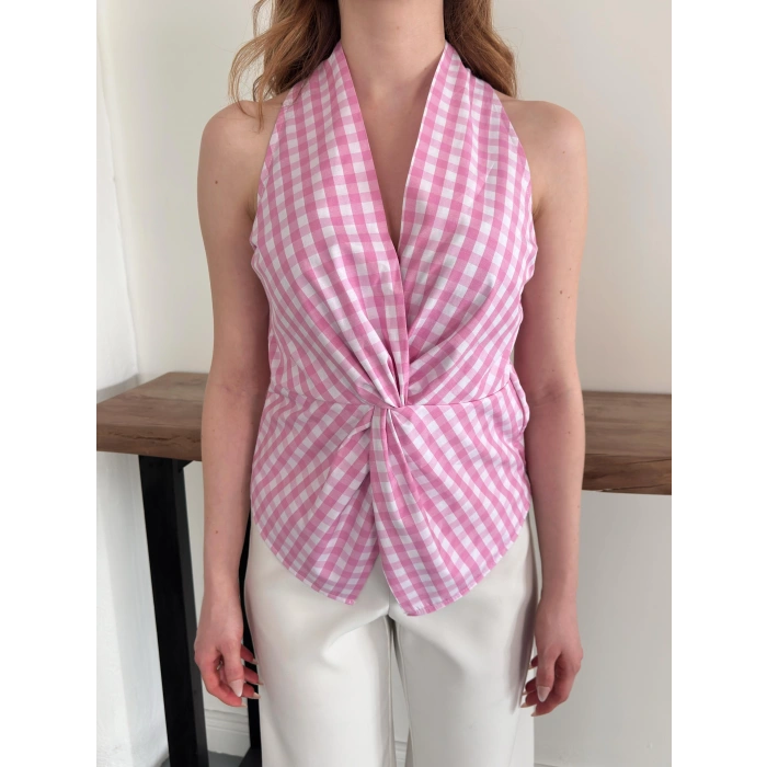 Kazayağı Desenli Sıfır Kol Bluz Pembe