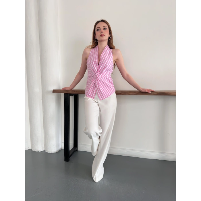 Kazayağı Desenli Sıfır Kol Bluz Pembe