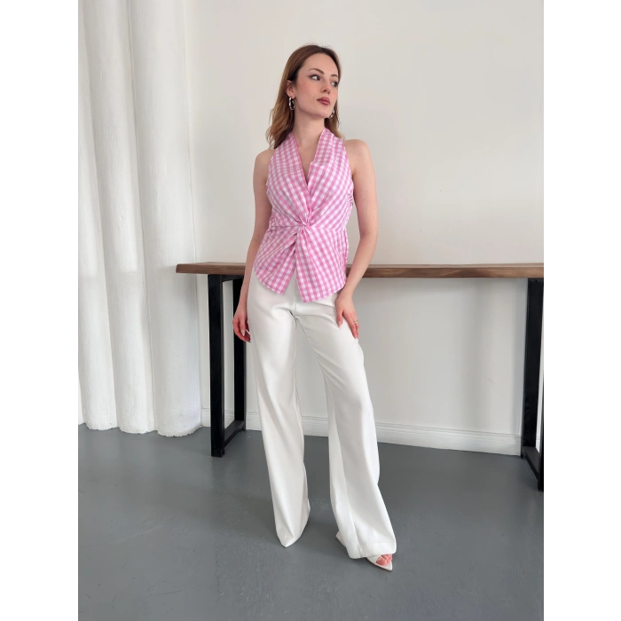 Kazayağı Desenli Sıfır Kol Bluz Pembe