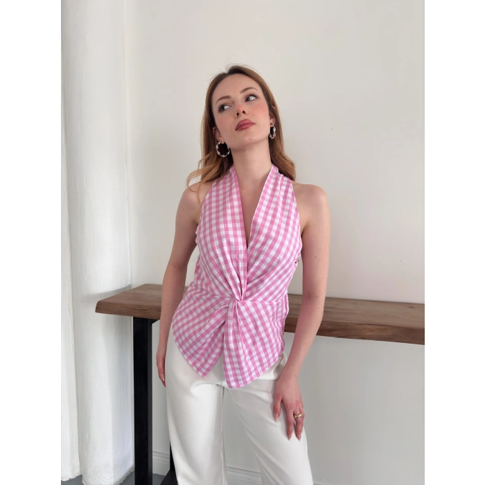 Kazayağı Desenli Sıfır Kol Bluz Pembe