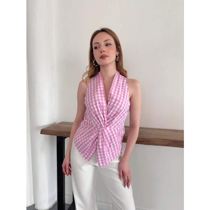 Kazayağı Desenli Sıfır Kol Bluz Pembe