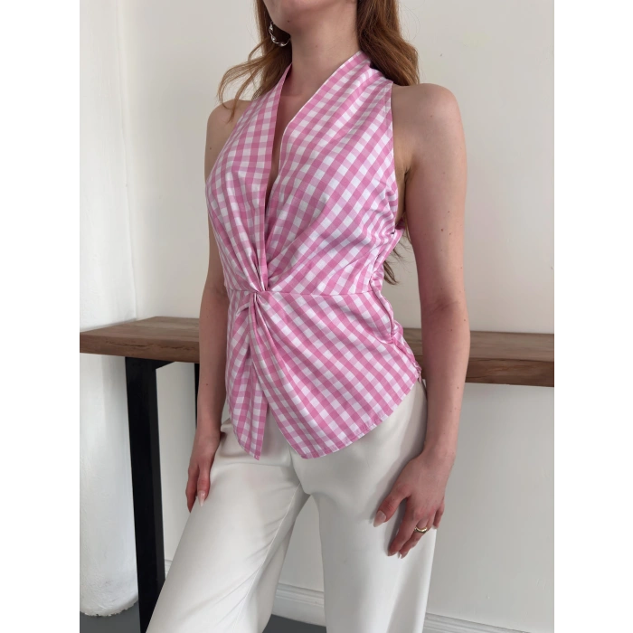 Kazayağı Desenli Sıfır Kol Bluz Pembe