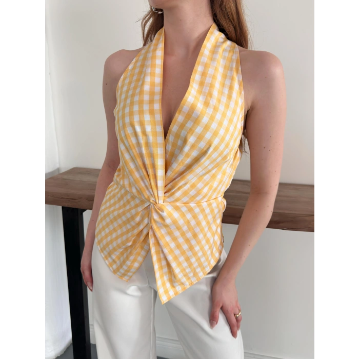 Kazayağı Desenli Sıfır Kol Bluz Sarı