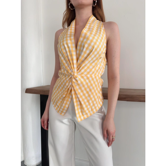 Kazayağı Desenli Sıfır Kol Bluz Sarı