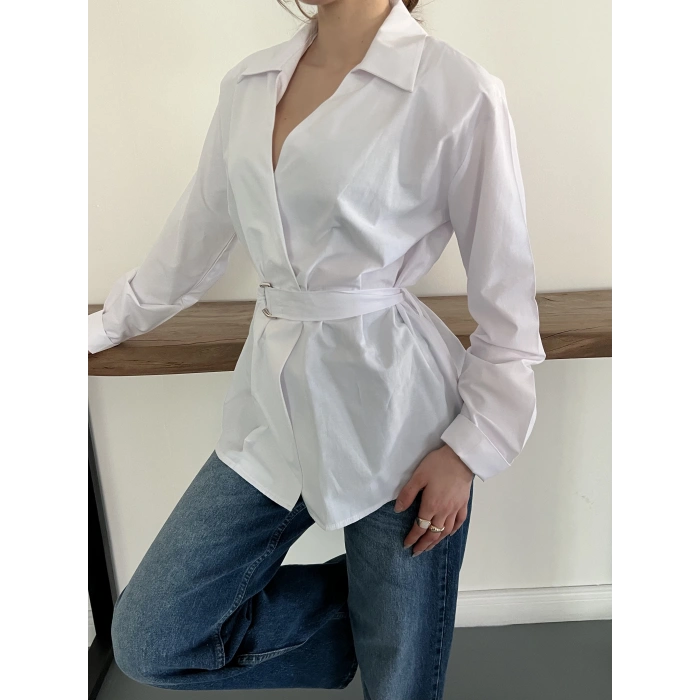 Kemer Detaylı Poplin Gömlek Beyaz
