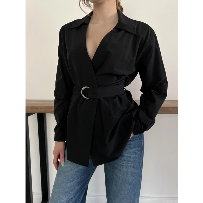 Kemer Detaylı Poplin Gömlek Siyah