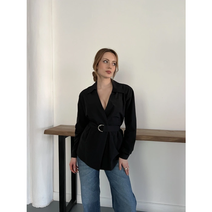 Kemer Detaylı Poplin Gömlek Siyah