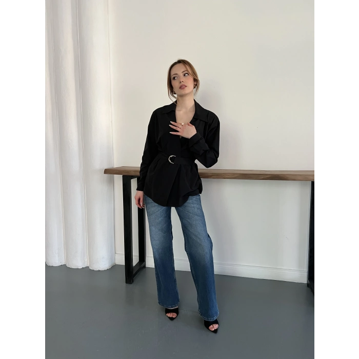 Kemer Detaylı Poplin Gömlek Siyah