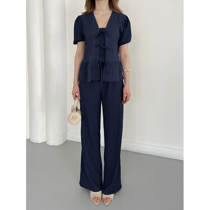 Modal Kumaş Bel Büzgü Detaylı Rahat Takım Lacivert