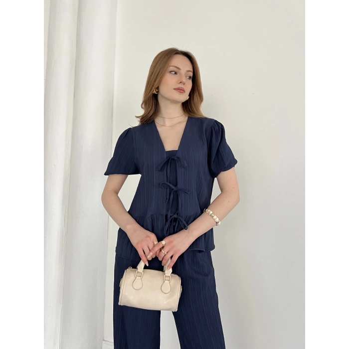 Modal Kumaş Bel Büzgü Detaylı Rahat Takım Lacivert