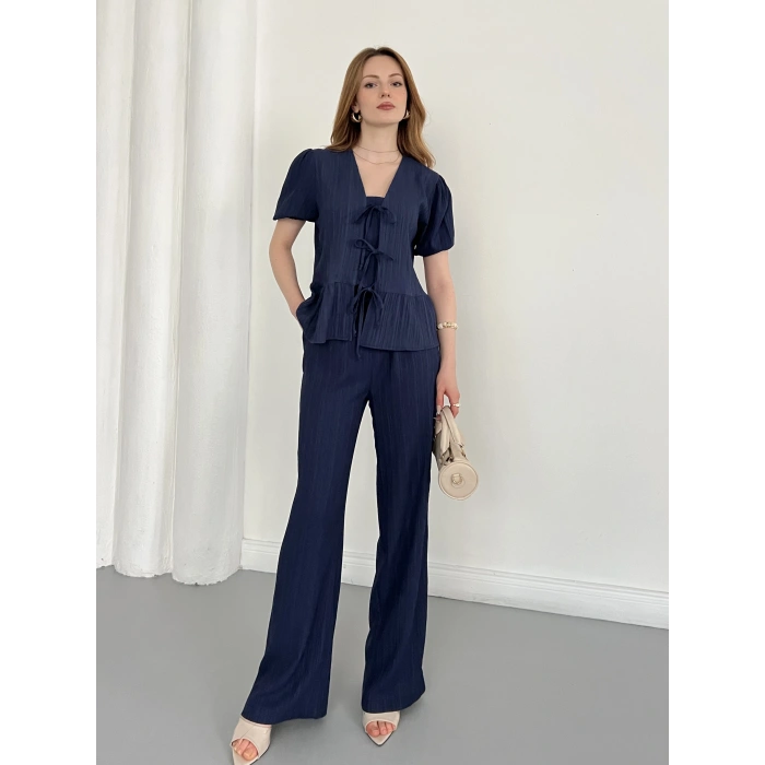 Modal Kumaş Bel Büzgü Detaylı Rahat Takım Lacivert