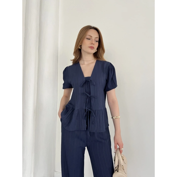 Modal Kumaş Bel Büzgü Detaylı Rahat Takım Lacivert